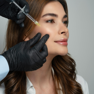 Dermal filler being injected into woman's right check